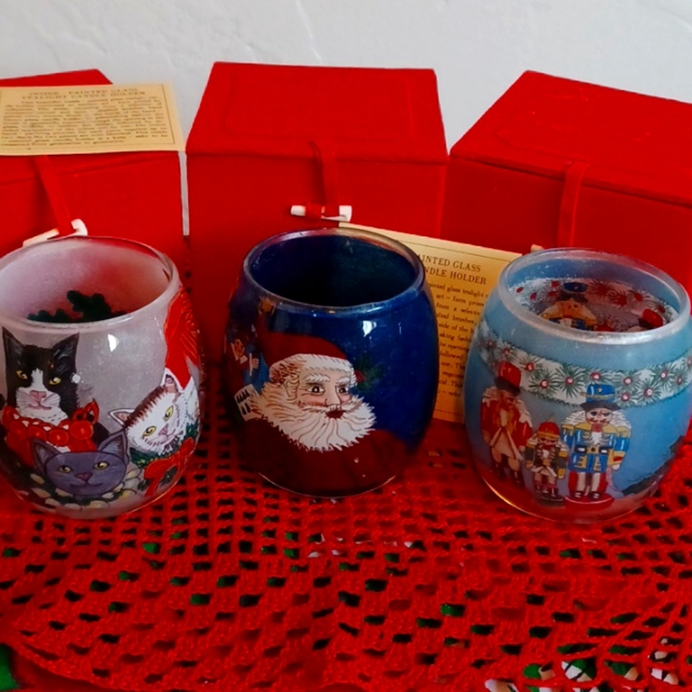 Christmas hand painted glass tea light holders, with box for each.